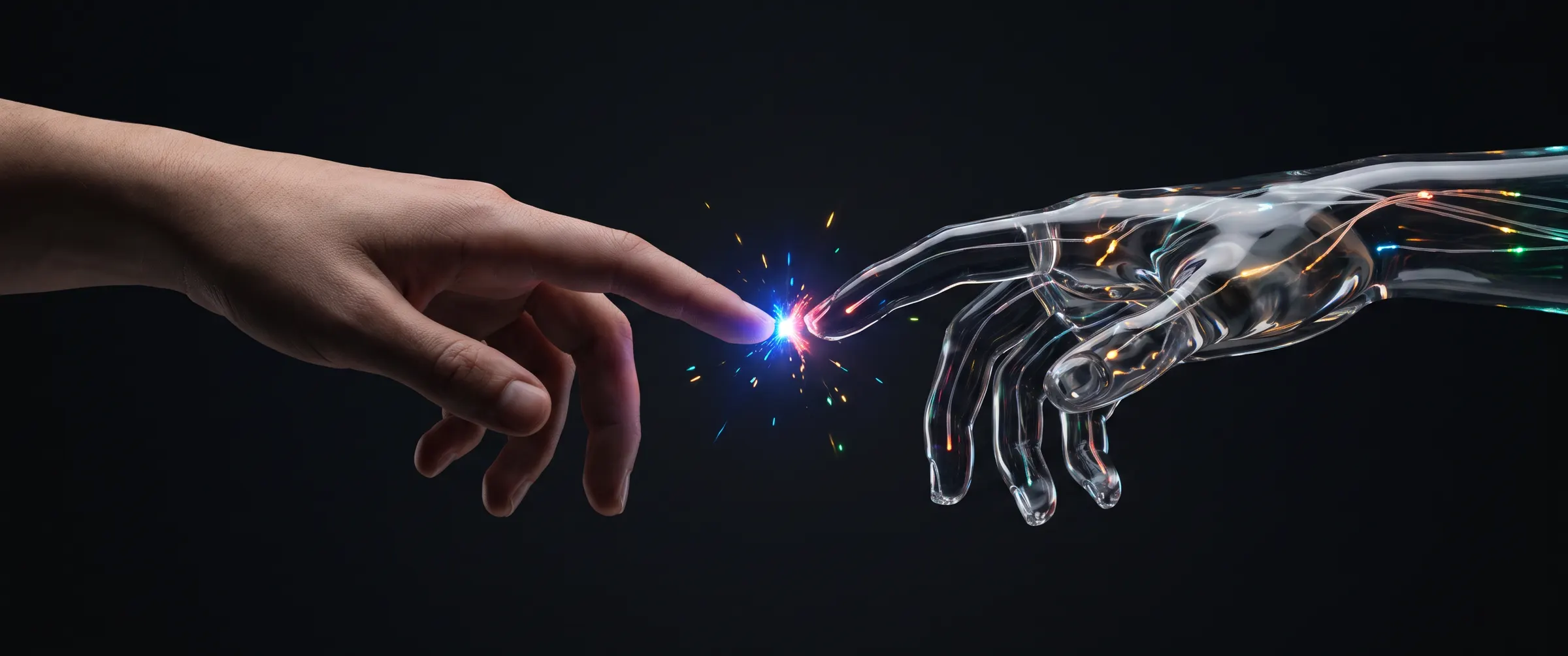 A human hand and a hand of glass and light reaching toward each other, a spark between their fingertips