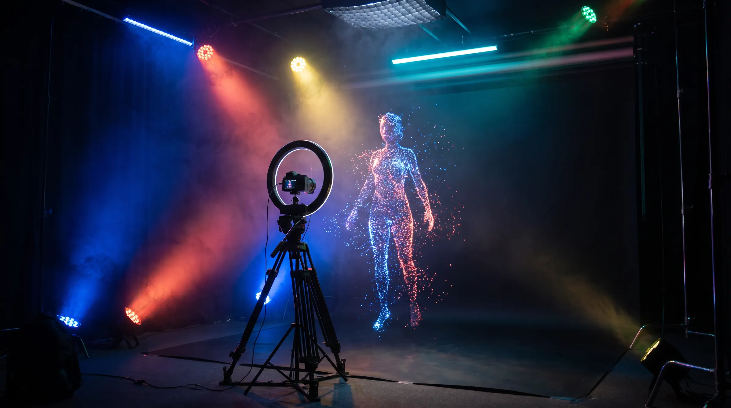 A virtual influencer materializing from particles of light in a dark studio